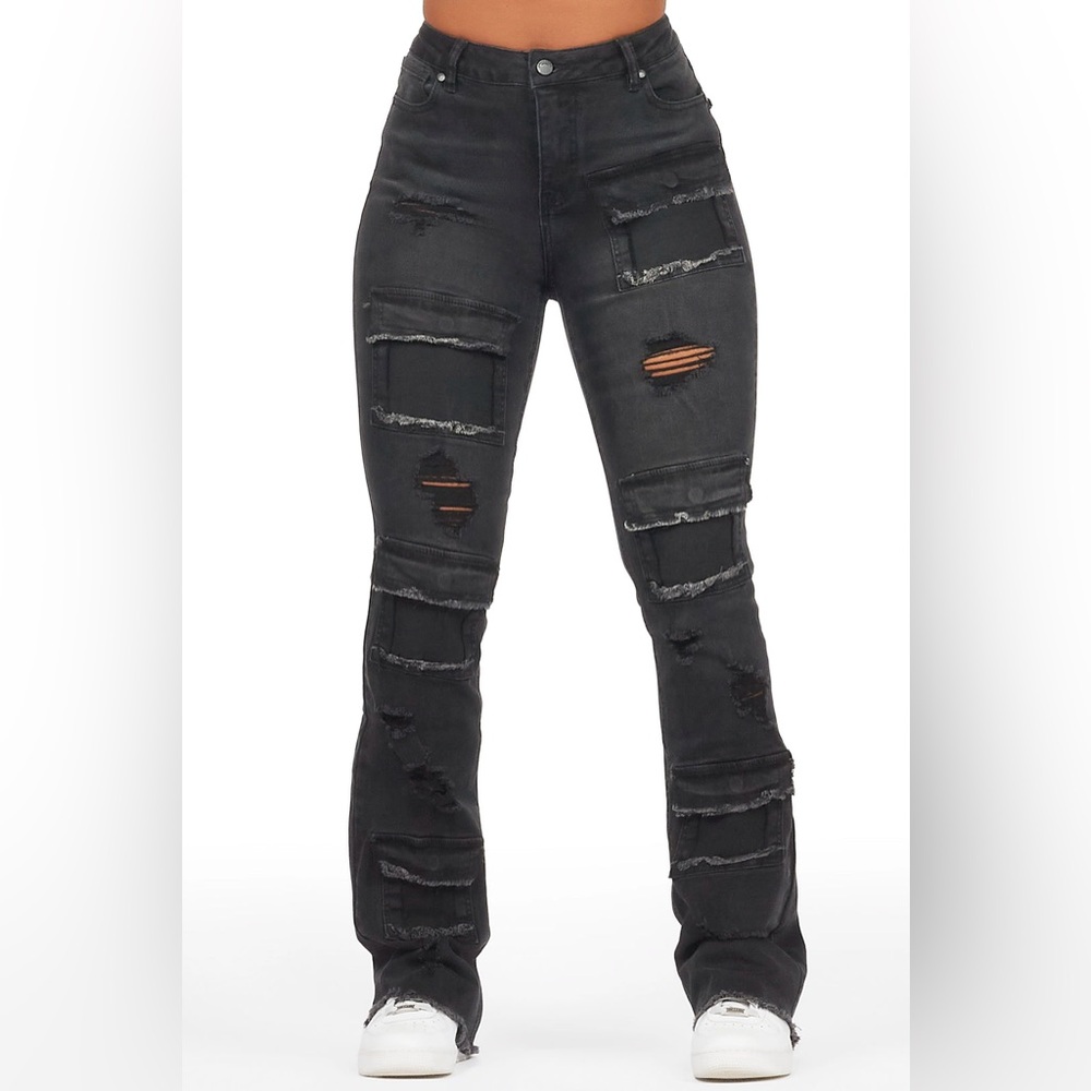 •Antione• Black Wash Stacked Flare Distressed Jean